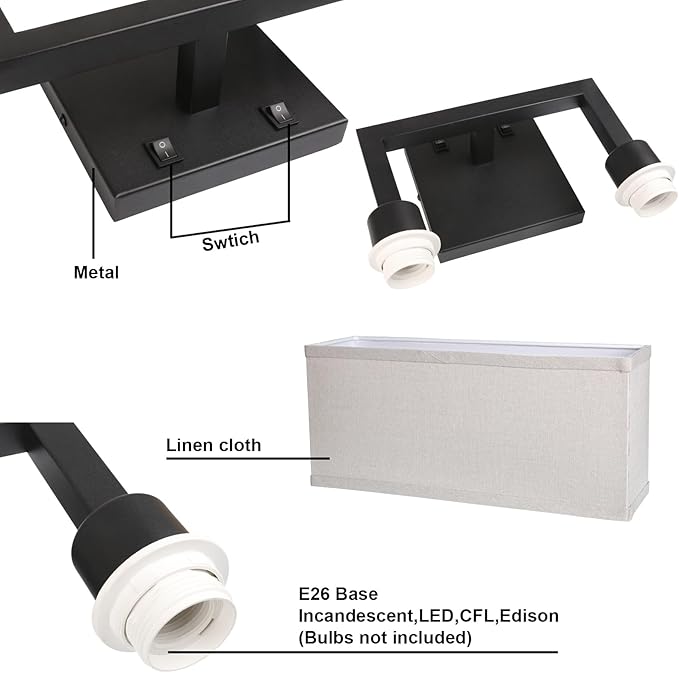 Yosoan Set of 2 Linen Fabric Boho Wall Sconce Bedside Light with On Off Switch, 2-Light Finished Hardwired Vintage Industrial Dual Wall Mount Lamp Square Shade for Bedroom Living Room Stairwell(Black)