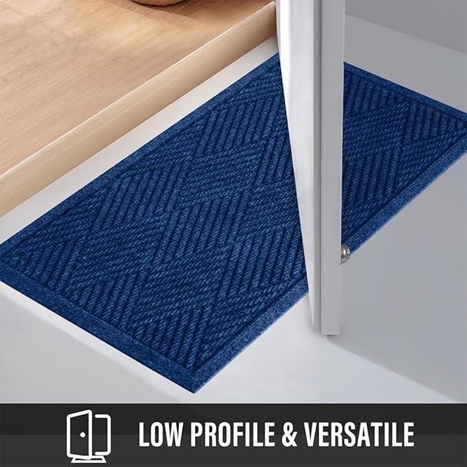Sturdy Front Door Mat, Absorbent Muddy Dirt Resist Welcome Door Mats Outdoor Indoor, Stain and Fade Resistant, Non-Slip Rubber Backing Low Profile Doormat for Entryway, 30×17, Blue