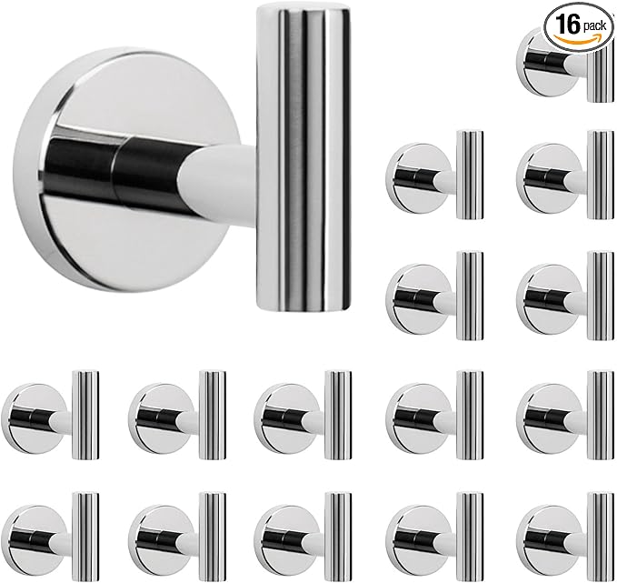 NearMoon Bath Towel Hooks- SUS 304 Stainless Steel Robe Hook Holder, Heavy Duty Coat Hook for Bathroom Livingroom Hotel Kitchen Garage, Wall Mounted (Chrome Finish, 16 Pack)