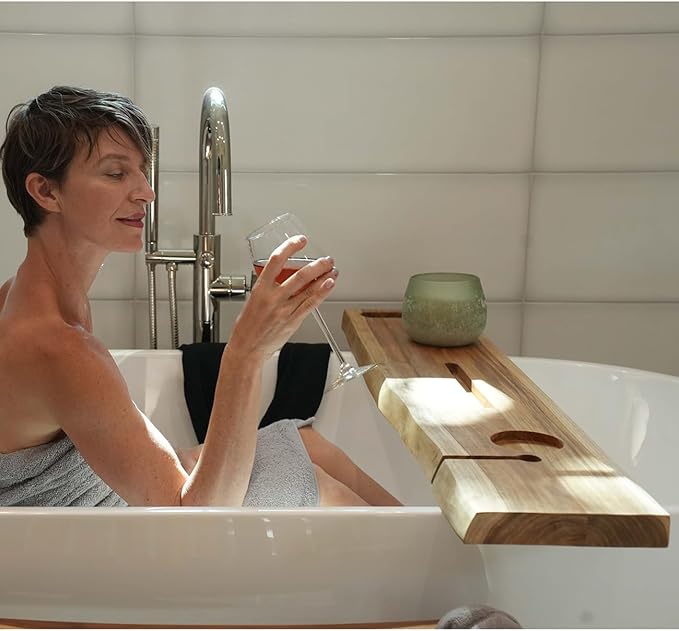 EcoDecors Eleganto 50" Live Edge Solid Teak Bath Caddy Tray with Handle, Book & Tablet Holder, Wine Glass Holders, Luxury Bathtub Tray