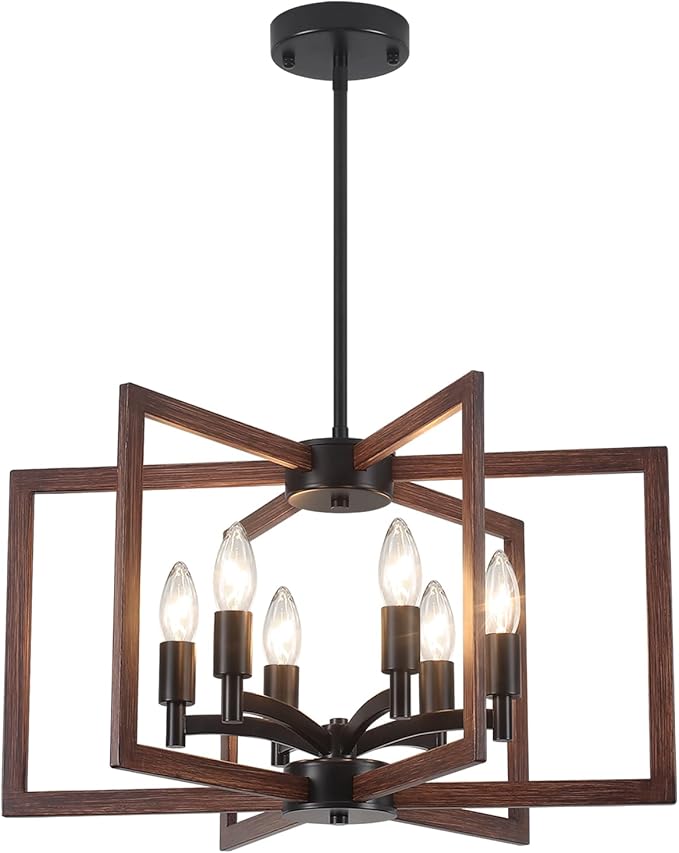 Farmhouse Chandelier Dining Room Light Fixtures,6-Light Kitchen Island Light Rustic Wood Grain Finish Geometric Chandelier for Entryway Stairway Foyer,UL-Listed