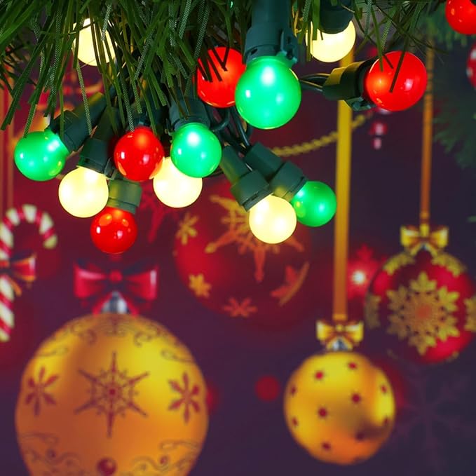 GlowVibe Red White and Green Christmas Lights Indoor 19FT 70 LED G15 Pearlized Glass Globe String Lights for Outdoor Christmas Tree Garden Patio Wedding Decor, 120V ETL Certified