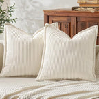 Mecatny Corduroy Throw Pillow Covers 16x16 Set of 2, Neutral Decorative Soft Boho Couch Pillow Covers with Broadside for Sofa Living Room, Cream White