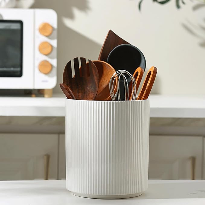 KSENDALO 7.8" Rotating Untensil Holder for Countertop, 360° Jumbo Ceramic Kitchen Organizer Utensil Crock with Rotable Bamboo Base- Modern Countertop Storage for Spatulas & Spoons, Flowers etc, White
