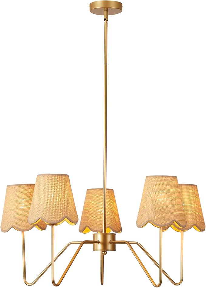 28" Rattan Chandelier, Large Modern Pendant Light Fixtures with Flower Shades Antique Brass Brush Paint Finish for Dining Room, Kitchen Island, Foyer, Living Room 5-Light