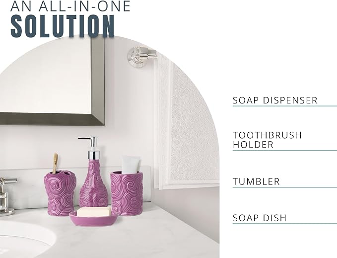 Comfify Designer 4 Piece Bathroom Accessories Set - with Soap or Lotion Dispenser, Toothbrush Holder, Tumbler and Soap Dish - Glossy Finish - Purple