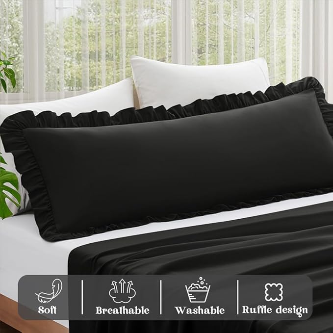 KKJIAF Ruffle Body Pillow Cases Set of 1, Ruffled Pillow Covers with Envelope Closure, Body Pillowcases Size of 20" x 54", Ruffled Long Pillow Shams, Black