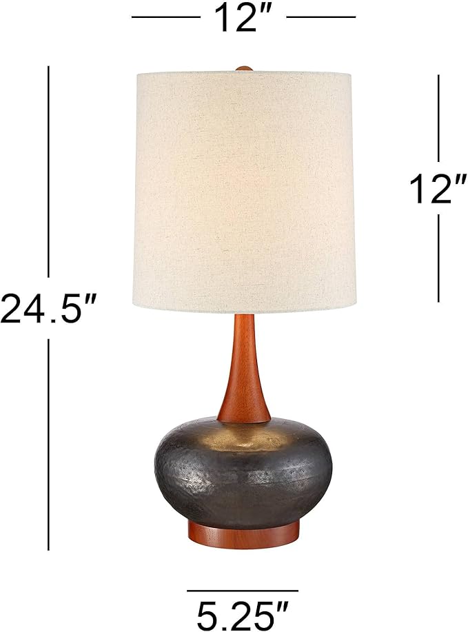 360 Lighting Andi Mid Century Modern Table Lamp 24.5" High Hammered Bronze Ceramic Wood Off White Tall Drum Shade for Living Room Bedroom House Bedside Nightstand Home Office (Color May Vary)