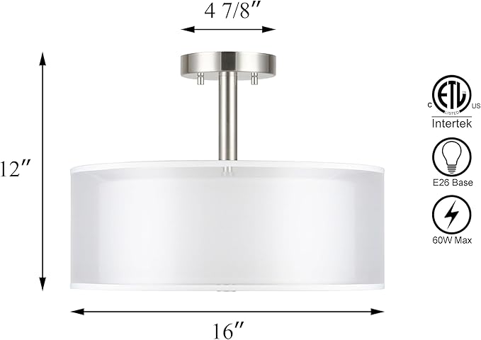 XiNBEi Lighting Semi Flush Mount Ceiling Light, 3 Light Close to Ceiling Light with Fabric Shade, 16" Drum Semi Flush Ceiling Light in Brushed Nickel for Living Room & Bedroom XB-SF1194-BN