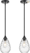 Black Pendant Lights Kitchen Island 2 Pack, Modern Glass Pendant Light Fixtures with Hammered Glass and Rods, Adjustable Small Hanging Light for Kitchen Sink Dining Room Bathroom