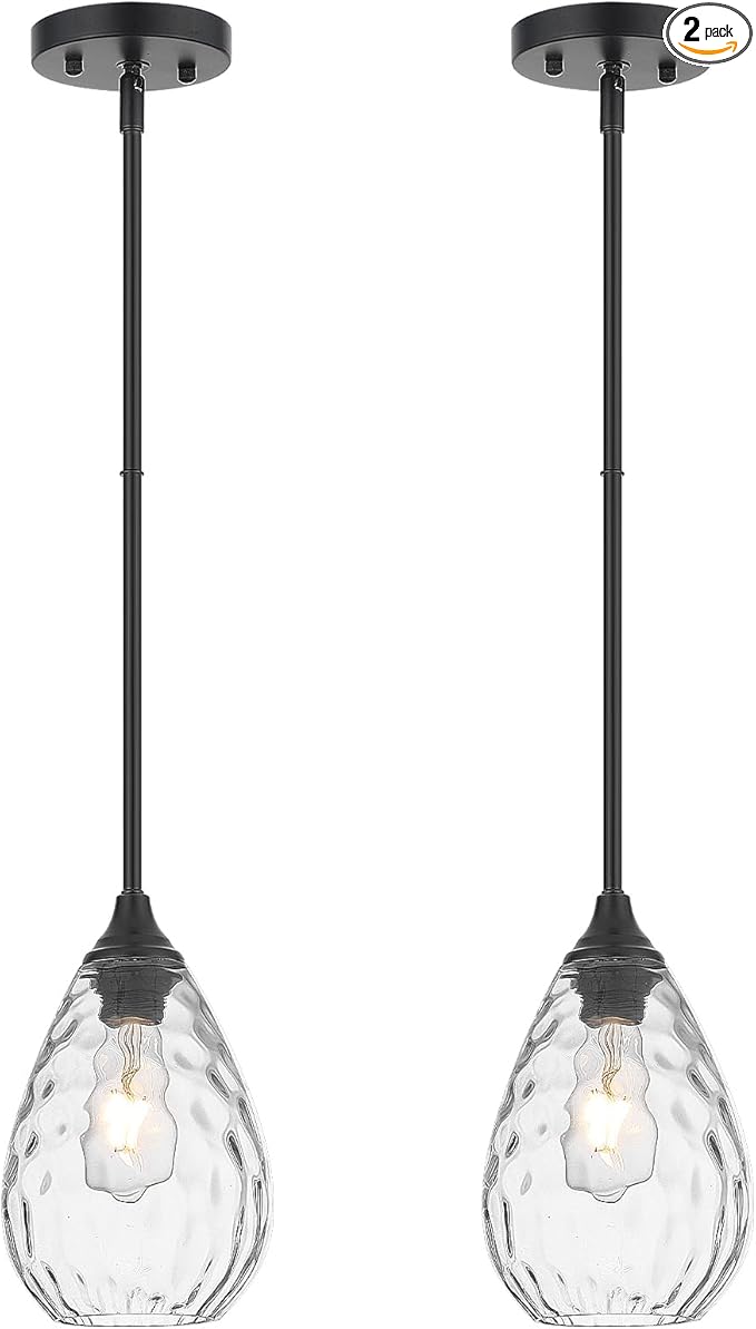 Black Pendant Lights Kitchen Island 2 Pack, Modern Glass Pendant Light Fixtures with Hammered Glass and Rods, Adjustable Small Hanging Light for Kitchen Sink Dining Room Bathroom