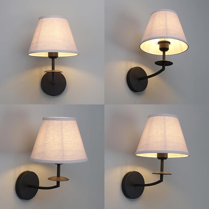 Phansthy Hardwired Wall Sconce Light, Linen Fabric Shade Indoor Wall Lamps, Wall Decor Lightings for Living Room, Bedroom, Hallway, Vanity Mirror (Black)