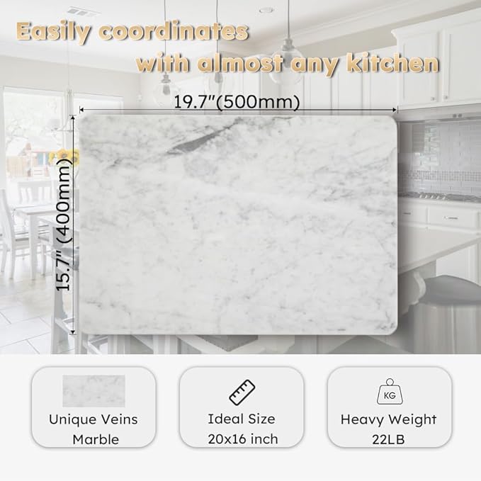 Diflart Natural Marble Pastry Board for Kitchen, 16x20 Inch, White, Stone Cutting Board Large for Dough Chocolate, Carrara Bianco, Marble Slab Christmas Thanksgiving Gift