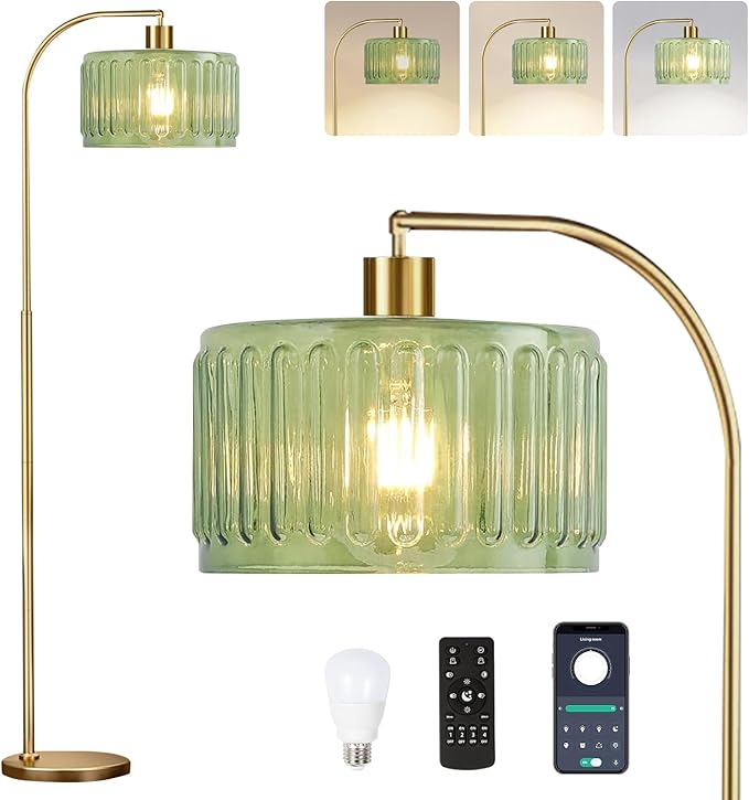 Gold Floor Lamp for Living Room,Bedroom,Mid Century Modern Standing Lamp with Remote,Dimmable Brass Tall Lamp Glass Lamp Vintage Retro Arc Floor Lamps Flower Floor Light Boho Bohemian