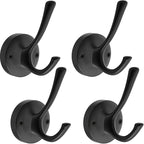 Matte Black Wall Hooks, 4 Pack Heavy Duty Coat Towel Hook Metal Double Backpack Hook Wall Mounted, Bath Towel Hooks for Entryway Cubicle Bathroom Closet Garage