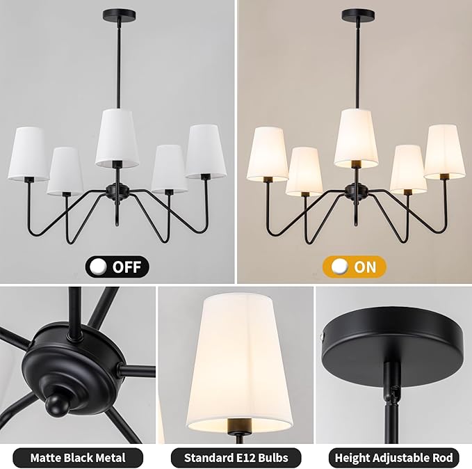 5 Light Modern Chandelier with White Shades, Elegant Pendant Light Fixture with Black Chandelier for Living Room, Dining Room, Bedroom, Hallway, Entryway, Height Adjustable