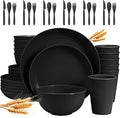 Wheat Straw Dinnerware Sets for 6 (42pcs), SGAOFIEE Unbreakable Dinnerware Set, Kitchen Plates and Bowls Set, Unbreakable Plastic Outdoor Camping Dishes, Dishwasher Microwave Safe, Black