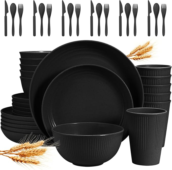 Wheat Straw Dinnerware Sets for 6 (42pcs), SGAOFIEE Unbreakable Dinnerware Set, Kitchen Plates and Bowls Set, Unbreakable Plastic Outdoor Camping Dishes, Dishwasher Microwave Safe, Black