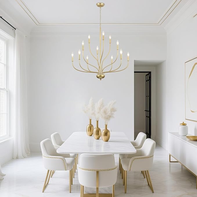 Modern Gold Chandelier for Dining Room,12-Light Gold Chandeliers,34 Inch Large Industrial Hanging Light Fixture for High Ceilings for Living Room, Kitchen, Entryway,Foyer