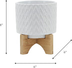 Sagebrook Home Modern Ceramic Planter with Stand - Textured Stoneware Pot with Bamboo Base for Indoor & Outdoor Plants - Decorative Flower Pot for Home & Garden - 8" White