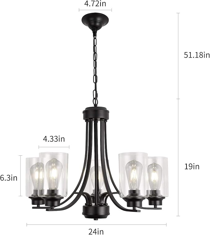Contemporary 5 Light Glass Chandelier Black Traditional Chandeliers Kitchen Dining Room Lighting Fixtures Hanging Pendant Light Industrial Flush Mount Ceiling Light