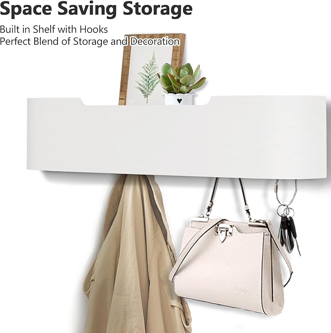 Coat Rack Wall Mount with Hidden Hooks Entryway Hanging Shelf Modern Wood Coat Hanger for Bedroom Kitchen Hallway Bathroom (White,20.9 Inch Long)