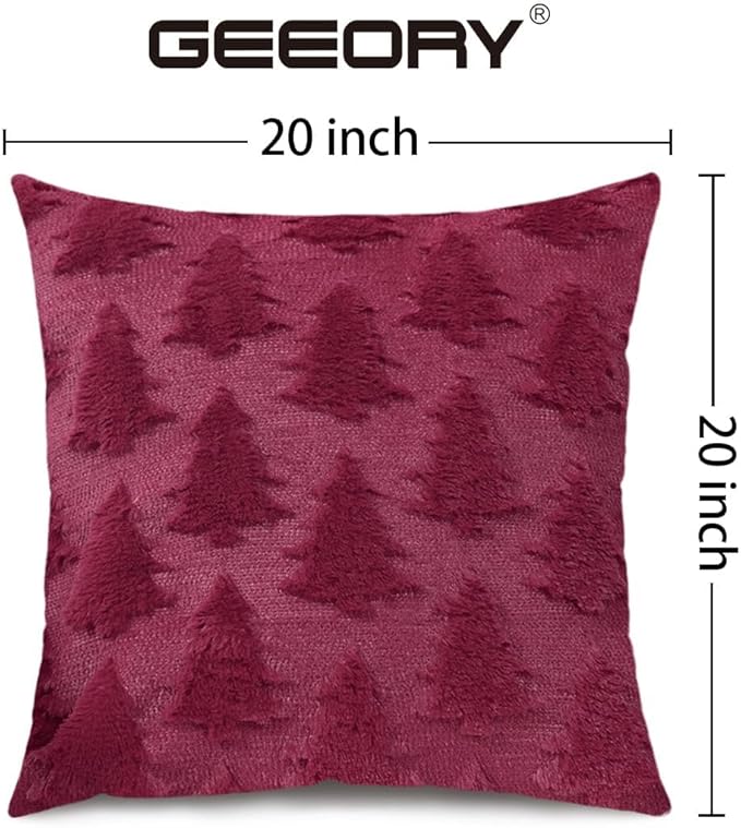 GEEORY Christmas Tree Throw Pillow Covers 20x20 Inch Set of 2, Xmas Winter Soft Plush Faux Fur Wool Decorative Farmhouse Holiday Cushion Case for Home Decoration (Wine Red) GC009-20