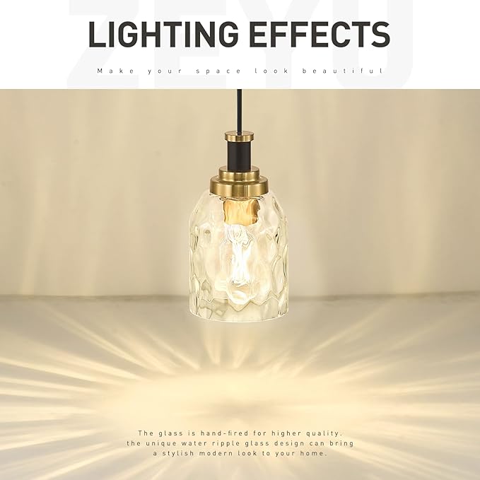 zeyu Pendant Light 2 Pack, Vintage Adjustable Hanging Light for Hallway, Haning Light Fixture Ceiling with Water Ripple Glass Shade, Black and Gold Finish, ZG33M1L-2 BK+BG-WG
