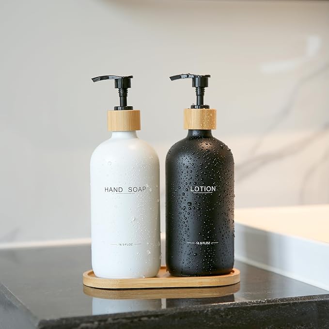 Black and White Soap Dispenser Bathroom Set with Hand Soap Dispenser and Lotion Dispenser, Bamboo Pumps & Tray Suitable for Bathroom Counter Decor. (White&Black)