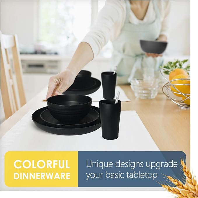 Teivio 40-Piece Kitchen Plastic Wheat Straw Dinnerware Sets, Service for 4, Dinner Plates,Dessert Plates,Cereal Bowls, Cups, Flatware,Dishwasher Safe, Unbreakable Outdoor Camping Dishes, Black