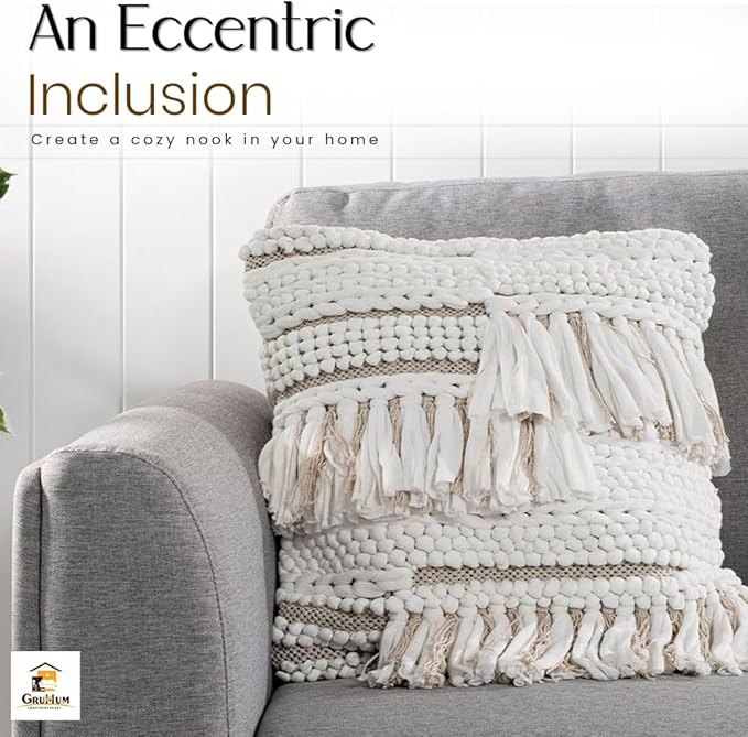 GRUHUM Throw Pillow Covers 18x18-Set of 2 Boho Decorative Handwoven Fancy Tufted Cushion Case for Living Room Bedroom Sofa Couch Farmhouse Car Home Decor Cotton Comfy Square Modern 18x18 inch, White