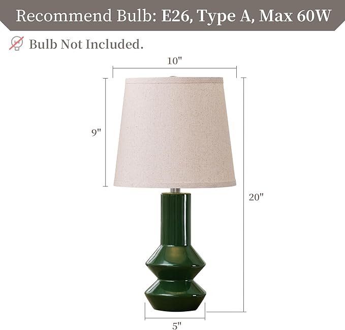 20" Green Ceramic Table Lamp Set of 2-3-Way Dimmable Nightstand Lamps with Pallid Shade for Bedroom Farmhouse Bedside Nightstand Bedside Lamp End Table Lamps (Dark Green)