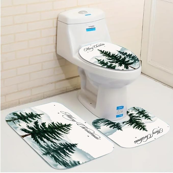 4pcs No Hook Christmas Shower Curtain Set, Merry Christmas Holiday Shower Curtain, Non-Slip Rug Toilet Lid Cover and Bath Mat, Green Xmas Tree Bathroom Decor Set, Waterproof, Washable.