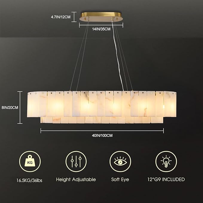 L40in Alabaster Rectangular Chandelier for Dining Room, Modern White Marble Oval Chandeliers for Kitchen Island, Rectangle Chandelier for Dining Table (Dimmable Bulbs INCL)