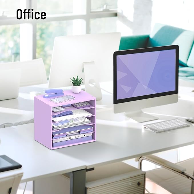 5-Tier Wood Desk Organizer, Paper Tray Organizer for Desk with Adjustable Storage Shelves, Desktop Paper Sorter Mail Holder for Office Home Classroom, Purple