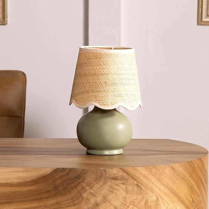 BoutiqueRugs Navarro Boho Ceramic Bedside Table Lamp for Bedroom Nightstand and Living Room - Shade Rattan - Green, Beige - 13" H