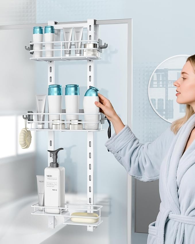 Nieifi Over the Door Shower Caddy, Adjustable 3 Tier Hanging Shower Organizer with Soap Holder Bathroom Shelves with Hooks, White