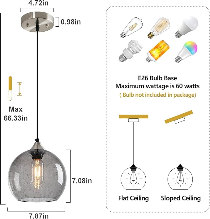 Light Grey Glass Pendant Lights Kitchen Island Lighting Globe Pendant Light Fixtures Modern Pendant Lighting for Bedroom Living Dining Room Light Fixture (7.87 in, 2 Pack)