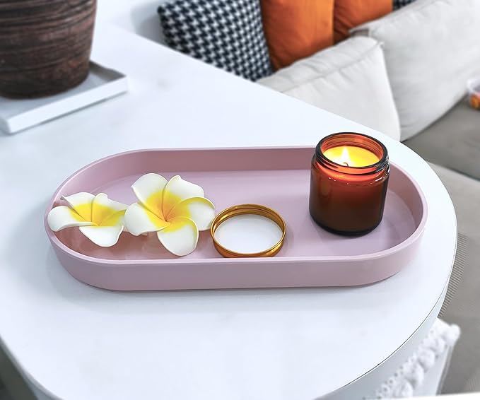Pink Small Tray (11.8 inch), Oval Tray for Kitchen Counter, Bathtub Bathroom Vanity Items, Countertop Organizer, Coffee Accessory, Bar, Serving Seasoning, Salt and Pepper, Soap, Perfume.