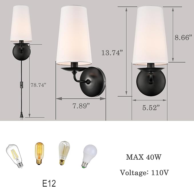 Modern Black Wall Sconce with Fabric Shade Hardwire or Plug-in Wall Lighting for Bedside, Living Room, Home Hallway,House Reading Set of Two