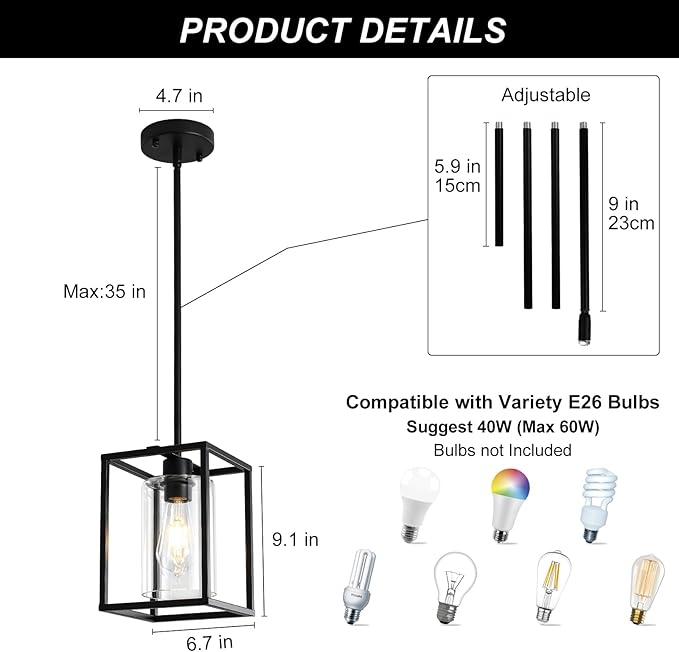 2 Pack Black Pendant Lights for Kitchen Island, 1 Light Farmhouse Lantern Pendant Light Fixtures Iron Cage Hanging Light Fixtures with Clear Glass Shade for Dining Room Entryway Hallway Porch