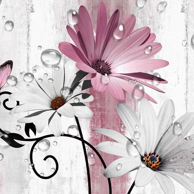 Rustic Farmhouse Shower Curtain, Farm Pink Daisy Floral Flowers and Butterfly on Country Wooden Shower Curtain for Bathroom, Pink Grey Bathroom Shower Curtains with 6PCS Hooks, 36X70IN