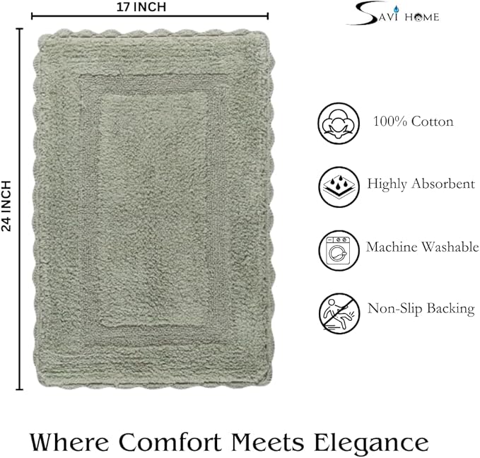 Savi Home Cotton Crochet Bathmat with Antiskid 17x24 Sage Green, 100% Pure Cotton, Super Soft Bath Rug, Plush & Absorbent, Hand Tufted Heavy Weight Construction, Full Reversible Step Out Rugs