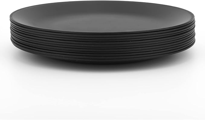 KX-WARE Plastic Plates Set of 12 - Unbreakable and Reusable 9.875 inches Dinner Plates, Black Color | Dishwasher Safe, BPA Free