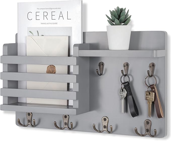 Nekon Mail Holder for Wall Mail Organizer with Key Hooks Hallway Farmhouse Decor Letter Sorter with Floating Shelf (16.8Inch x 10Inch x 3.2Inch) (Gray)