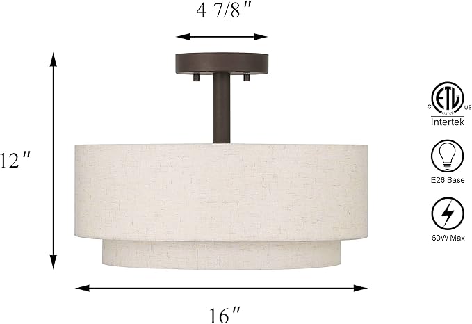 XiNBEi Lighting Drum Semi Flush Light, 3 Light Semi Flush Mount Ceiling Light Fixture with Fabric Shade Modern Close to Ceiling Light for Bedroom & Living Room Dark Bronze Finish XB-SF1289-DB