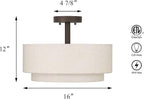 XiNBEi Lighting Drum Semi Flush Light, 3 Light Semi Flush Mount Ceiling Light Fixture with Fabric Shade Modern Close to Ceiling Light for Bedroom & Living Room Dark Bronze Finish XB-SF1289-DB