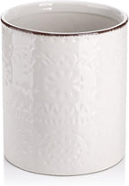 DOWAN 7.2" Kitchen Utensil Holder, Extra Large Farmhouse Utensil Holders for Countertop, Ceramic Utensil Crock, Anti Slip Cork Bottom (White, 7.2 Inch)
