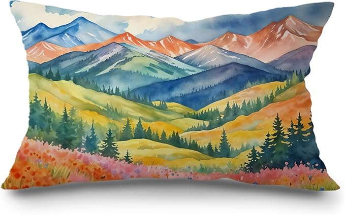 JINYO Watercolor Mountain Nature Landscape Pillow Covers 12x20, Colorful Maximalist Wildflower Meadow Forest Scenery Lumbar Throw Pillow Covers for Couch Bed Living Room Bedroom, Nature Lover Gifts