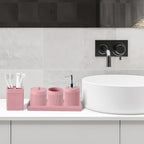 Resin Pink Bathroom Accessories Set 5 Pcs, Lotion Soap Dispenser, Toothbrush Holder, Bathroom Tumbler, Qtip Holder and Vanity Tray, Bathroom Countertop Organizer Set for Modern Home Apartment